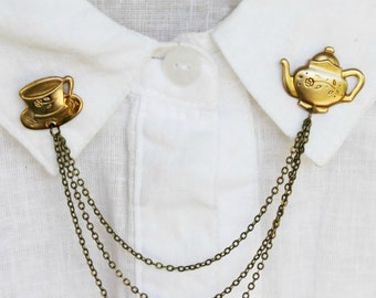 brass teapot collar pins, collar chain, collar brooch, lapel pin, teapot pin, tea cup brooch, teapot brooch, tea cup pin