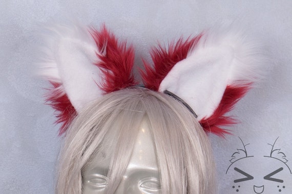 Dark Red Furry Fox Tail and Ears White Tip Luxury by lemonbrat