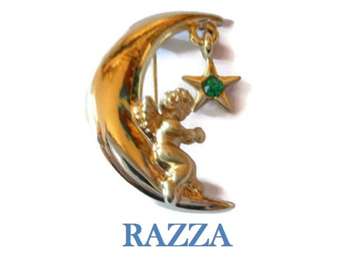 FREE SHIPPING Razza angel star brooch - green May faux emerald birthstone rhinestone star hanging on moon with angel signed