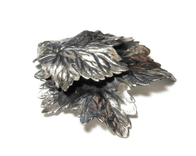 FREE SHIPPING Napier grape leaves brooch, large antiqued silver plated double grape leaf with intricate details