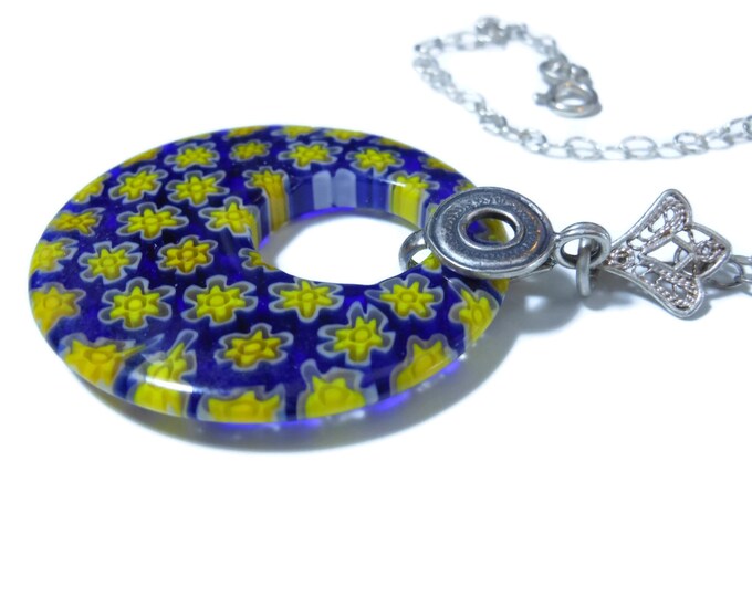 FREE SHIPPING Millefiori glass pendant, 40mm round dark blue, yellow flowers, round go-go, sterling silver filigree bail and sterling chain