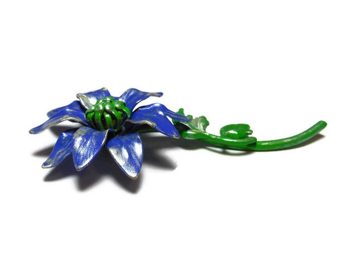 FREE SHIPPING Blue floral brooch pin, enamel daisy like pin, upcycled by adding a wash of light gold antiquing glaze over the blue and green