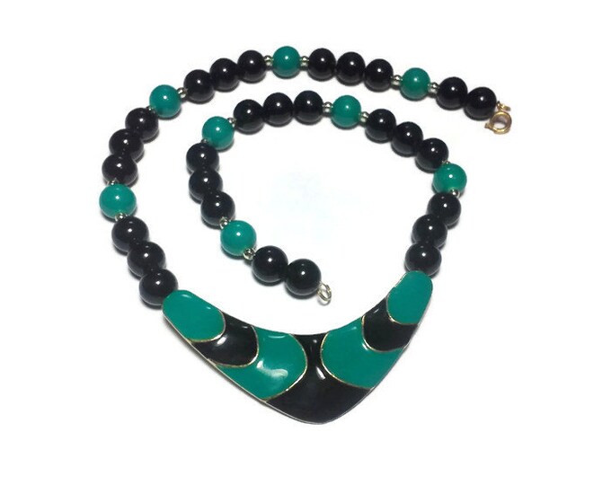 FREE SHIPPING Green and black choker, green and black enamel center with gold lines, alternating black green beads and silver spacer beads