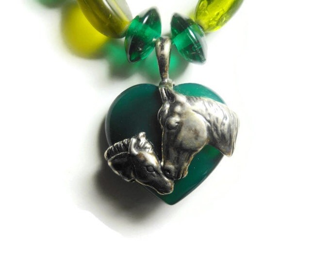 Sterling horse necklace, green gemstone (jade?) enclosed in sterling Mother and child horses with glass beads and sterling clasp, signed 'S