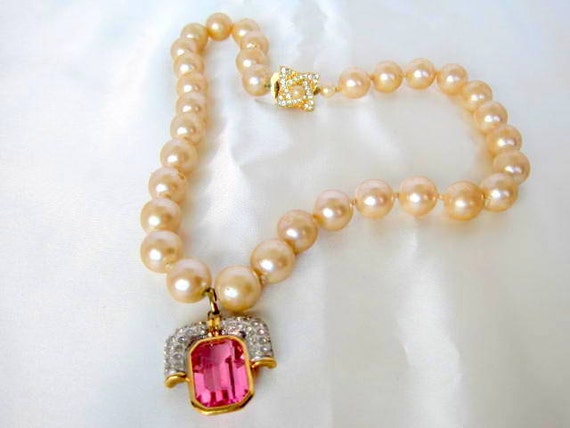Pearl Enhancer Necklace - Hand Knotted - Pink Pendant - Rhinestone Highlights