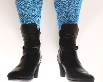 Hand knit BOOT CUFFS. Turquoise boot cuffs. Autumn accessories. Winter accessories. Ankle boot cuffs. Lace boot cuffs. Turquoise knit lace
