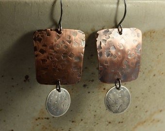 Hammered Copper and Silver Earrings, Sterling Silver Earrings, Southwestern Earrings, Hammered Silver Earrings, Hammered Copper Earrings