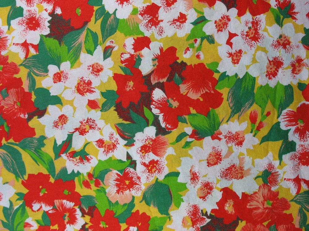 Vintage Cotton Fabric Floral Cotton Fabric Red and Yellow