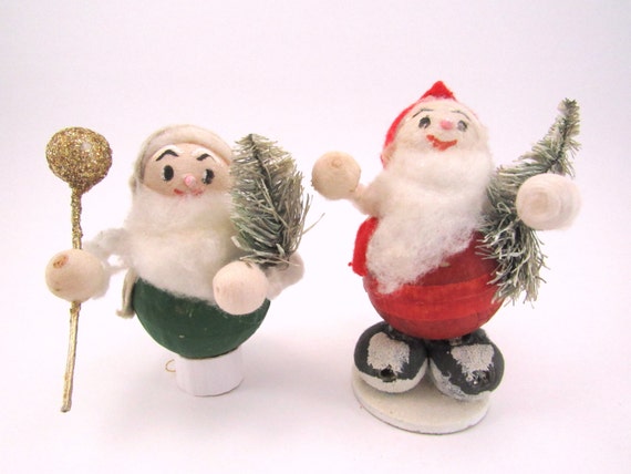 Vintage Christmas Elves Spun Cotton Cardboard Elf Decorations