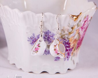 Delicate silver plated earrings with white miniature porcelain tea set pieces, cute shabby chic style tea pot earrings, fashion jewelry