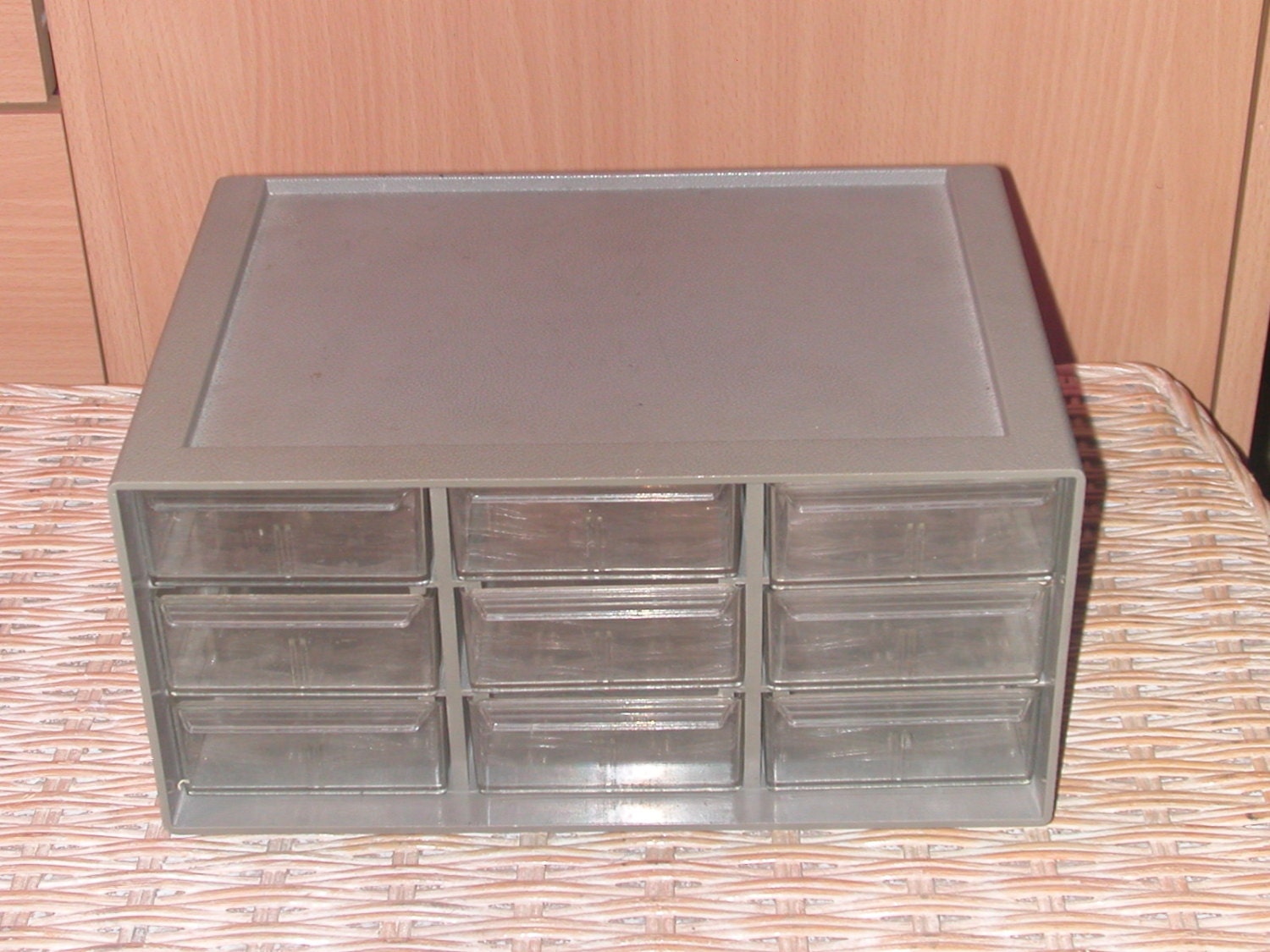 Vintage AkroMils Small Gray Plastic With 9 Clear Acrylic Drawers for