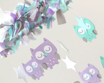 Owl Nursery Mobile in Lavender, Aqua, White & Gray- Baby Mobile, Baby Shower Gift