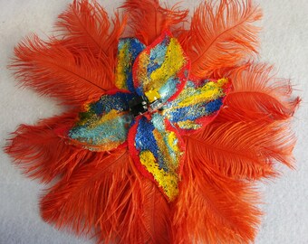 Orange Ostrich clip, Feather Hair Clip, 20's headpiece, 20s hair clip, flapper hair clip, Gatsby, 20s hair clip, 20s feather brooch, flapper