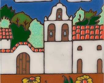 Ceramic tile, La Purisima Mission, hot plate, wall decor, installation, backsplash, kitchen tile, hand painted, hand crafted, Mission
