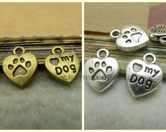 50PCS heart shaped love my dog charm pendant carved paw back 10x13mm antique silver or antique bronze as your choice