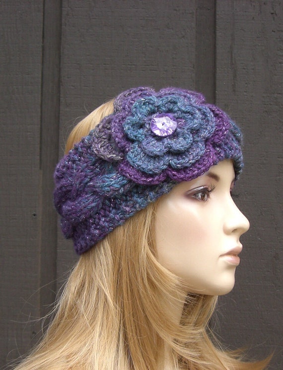Cable Knit Flower Headband Head Wrap Ear Warmer Purple