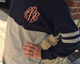 MONOGRAMMED Spirit Shirt Navy/Heather Grey (Font Shown: Master Circle in Coral)