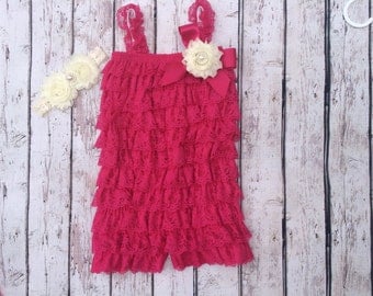 Petti Romper-Lace Romper-Baby Romper-Hot Pink-fuscha-Girls Romper-Lace Petti Romper-Ruffle Romper-Romper-Baby Outfit-Onesie-Birthday