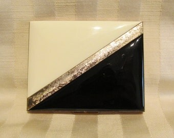 Vintage 1950s Marhill Enamel Cigarette Case Business Card Case Ivory and Black Enamel with Gold Trim Made in USA Excellent Condition