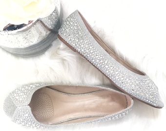 Women Wedding Flat Shoes - SILVER Peep toe flats with rhinestones. Perfect for brides, bridesmaid gifts, wedding party, and special occasion