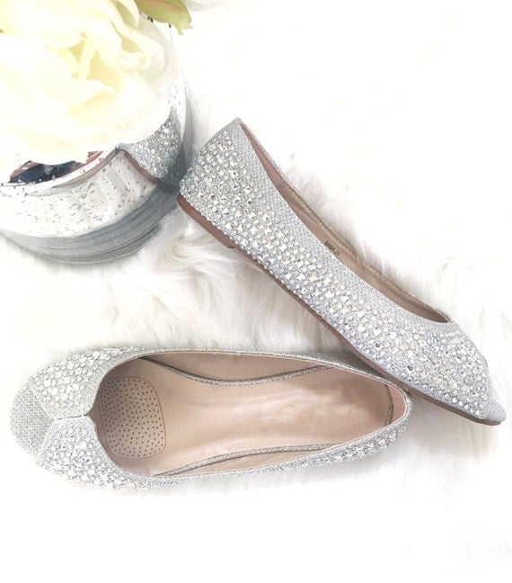 Women Wedding Flat Shoes Silver Peep Toe Flats With