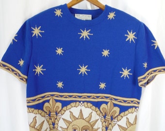 80s ST JOHN Sportswear by Marie Gray zodiac sun and stars cobalt blue cropped sweater/ power shoulders: size M