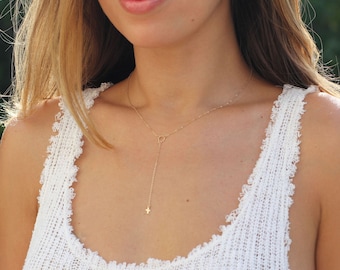 Tiny Gold Cross Lariat, Dainty Cross Necklace, Minimal Delicate Lariat, Confirmation Gift, Dainty Y Necklace, 14k Gold Fill, Sterling Silver