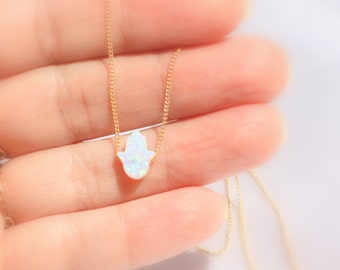 White Hamsa Necklace - Opal Hand Necklace / 14k Gold filled Necklace / White Opal Hamsa / Choker Hamsa Necklace / White Opal Hamsa Necklace