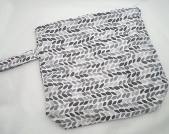 Wet /Dry Bag with Snap Handle - Waterproof Zipper Bag in Grey Leaves, Geometric