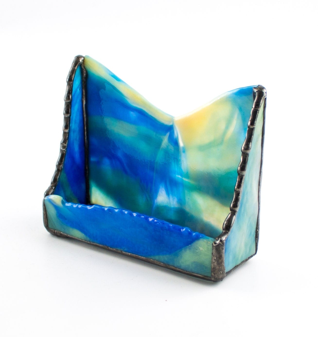 Unique Desktop Business Card Holder Blue and Yellow Stained