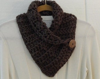 Crochet Button Neckwarmer Taupe Brown Coconut Button Scarf Cowl Scarflette