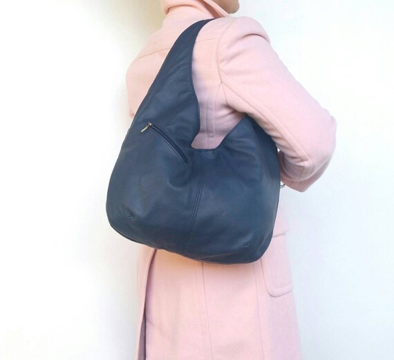 Navy Blue Leather Slouchy Hobo Bag with Outside Pockets