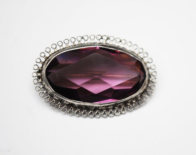 Sterling Brooch with Amethyst Purple Glass silver lace filigree pin