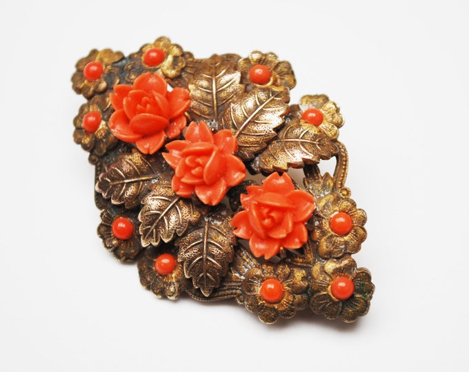 Coral celluloid flower Brooch Golden Brass leaf Art Nouveau Pin