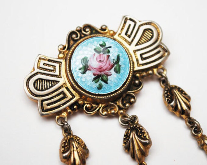 Victorian gold filled Bar Brooch - Blue pink guilloche Flower and gold dangles pin
