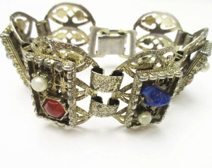 Book Chain -link bracelet - gemstone nuggets - Lapis- Jasper - Carnelian -Mid century