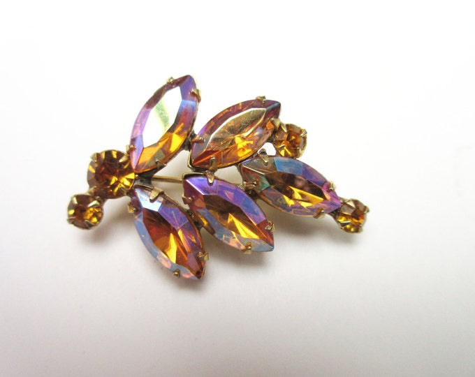 Rhinestone Brooch - Aurora Borealis Amber Orange Rhinestone - mid century - Leaf pin