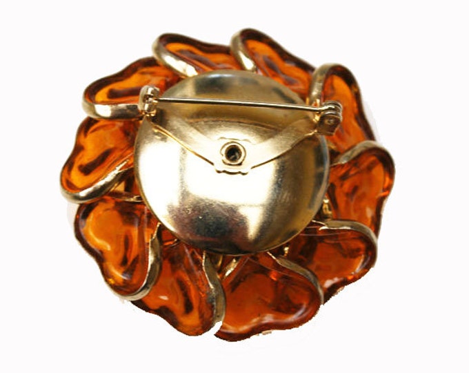 Flower Brooch - Amber Orange Lucite - Rhinestone - Pearl - Floral Pin - Mid Century