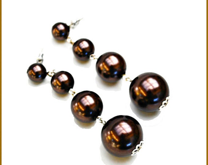 Metallic Brown Dangle earrings - faux Pearl Bead drop earring