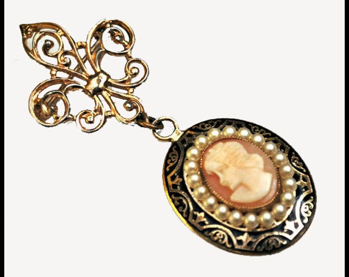 Coro Cameo Brooch - Fleur de Lis - white pearl and gold dangle Vintage Pin