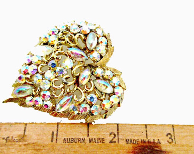 Coro Rhinestone Heart Brooch - Crystal glass cabochons - Aurora borealis rhinestone pin