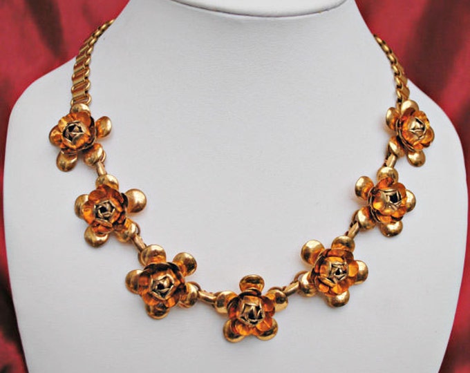 Flower Necklace and Bracelet set parure - Brass Book chain link -Mid Century -