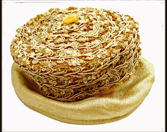 Gold Pillbox Hat - Golden Sequins. - gold stitching design