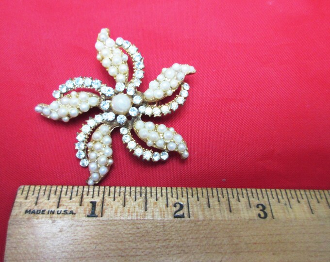 Flower Brooch with Gold tone metal pearls and rhinestone mid century Atomic pin