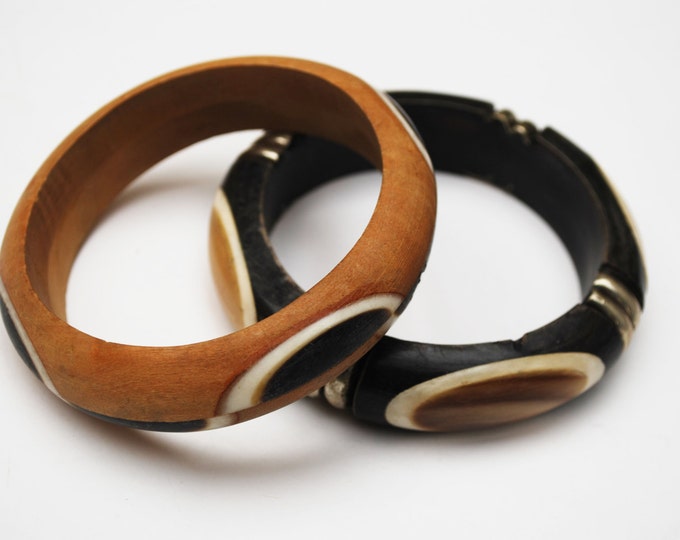 Boho Bracelets - Dark and light Brown wood - white Bone inlay - Lot of Two Bangles