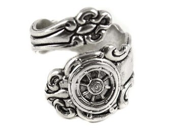 Ship Wheel Spoon Ring, Spoon Rings, Spoon Jewelry, Nautical Spoon Ring, Thumb Rings, Beach Jewelry