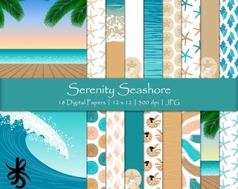 Digital Scrapbook Papers-Serenity Seashore-Seashells-Beach Party-Ocean-Tropical-Sea-Surfing-Starfish-Backgrounds-Instant Download Clip Art