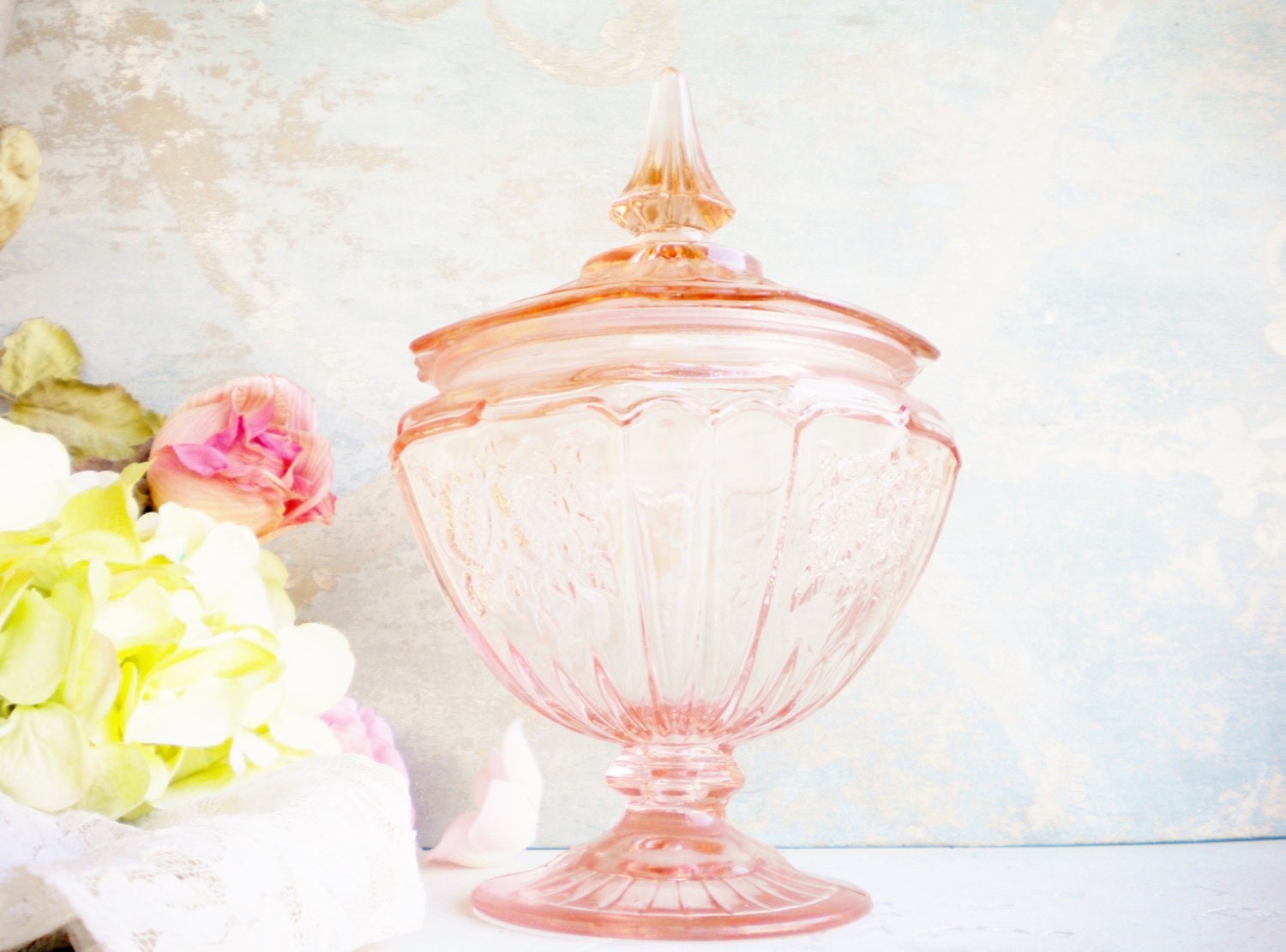 Pink Depression Glass Candy Jar With Lid/Mayfair Open Rose