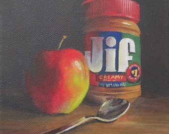 Apple with Peanut Butter Still Life Painting 15 x 15 cm. (5.9 x 5.9 in.)
