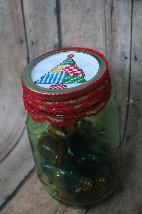 Cross stitch Jar Lid gift Handstitched gifts Christmas tree